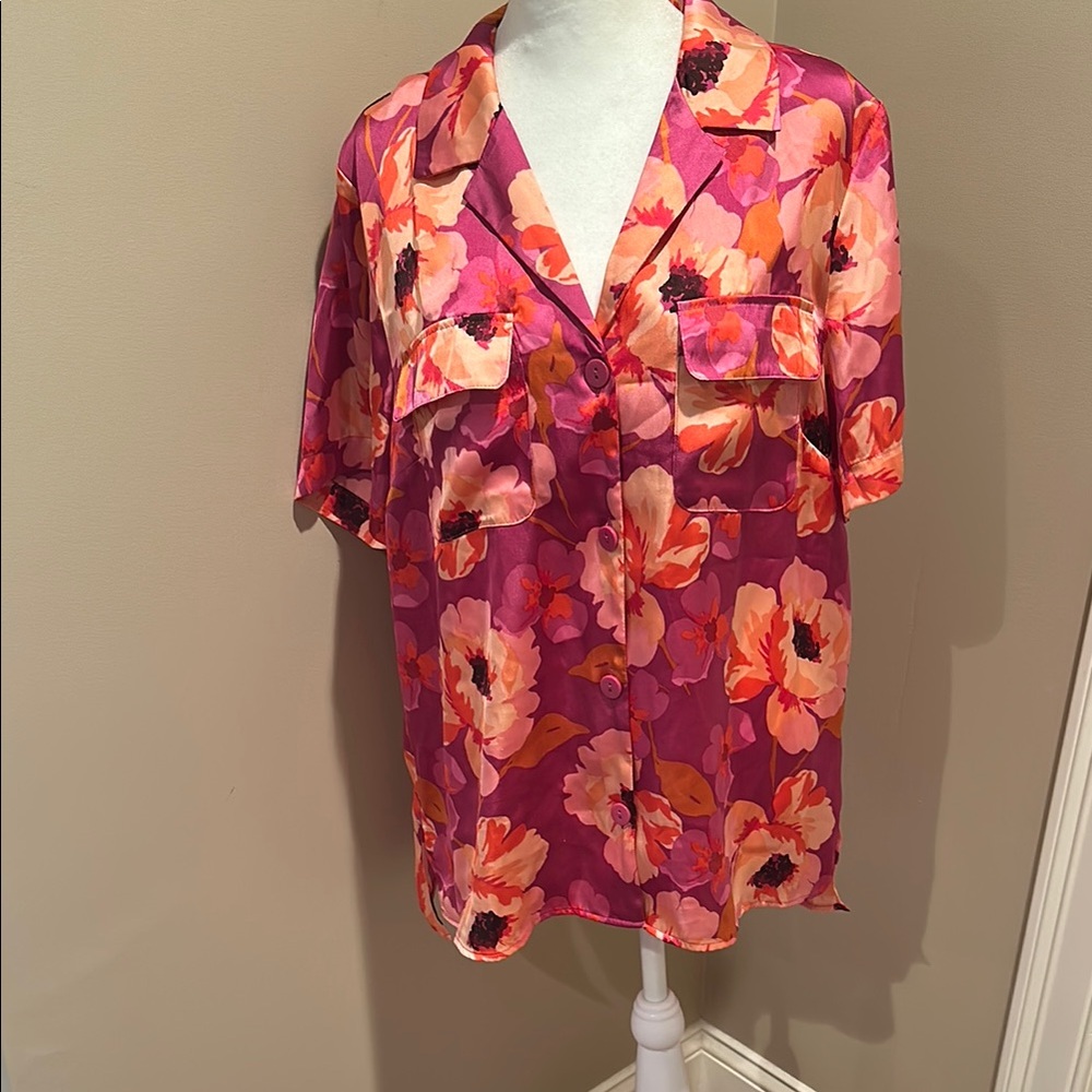 DR2 Pink and Orange Short Sleeve Notched Collar Blouse